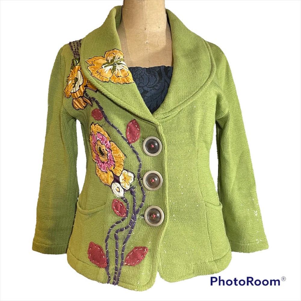 Nick & Mo moss green knit jacket with floral appliqué size XS